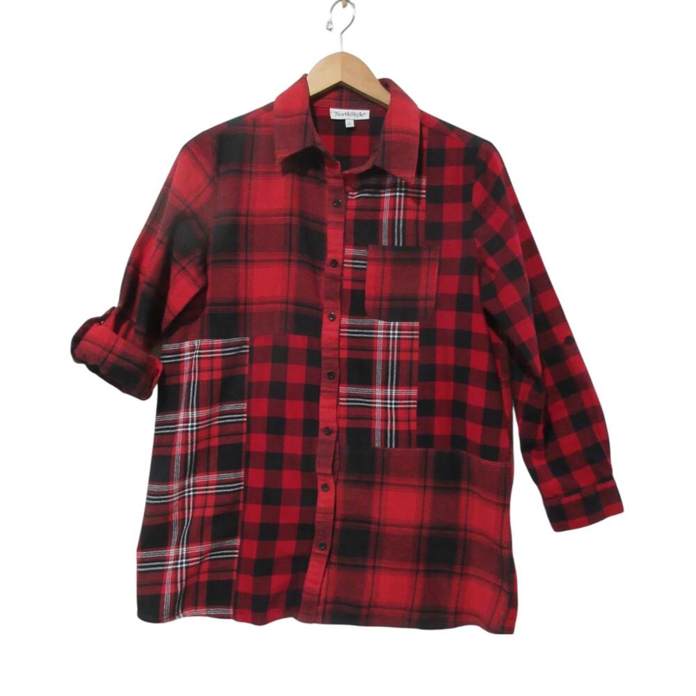 NorthStyle Button Up Shirt Women's L Patchwork Red Tartan Flannel Plaid Top - Picture 2 of 10